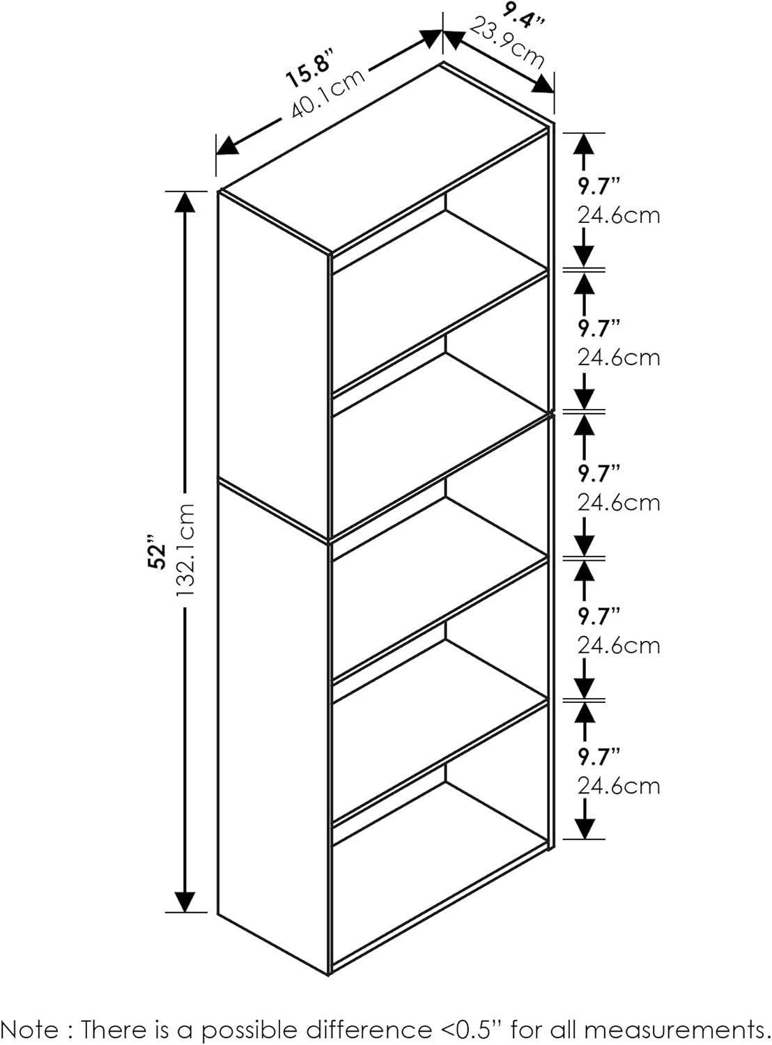 Book Shelf, 5-Tier Bookshelf, Bookcase, 9.4" x 15.8" x 52", for Living Room, Bedroom, Home Office