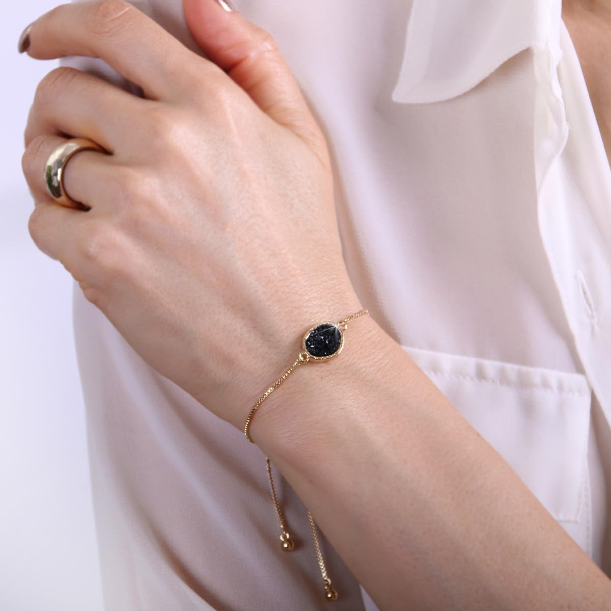 Humble Chic NY Simulated Druzy Chain Bracelet for Women - Boho Stackable Adjustable Bolo Slider Bracelet