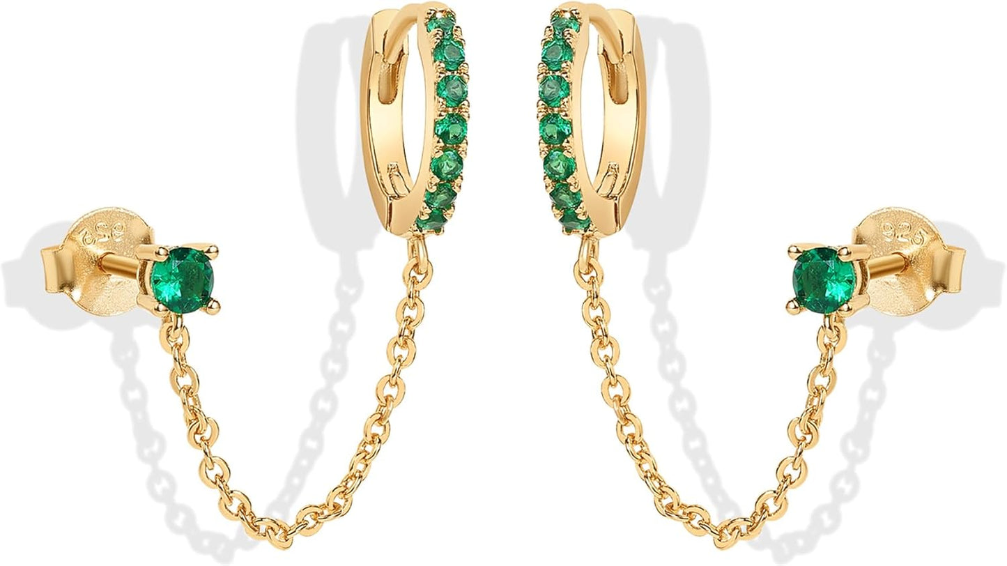 14K Gold Chain Earrings for Women | Double Piercing Dangle Chain Huggie Hoop Earrings | Cubic Zirconia Pearl Stud Ear Cuff Earrings for Women