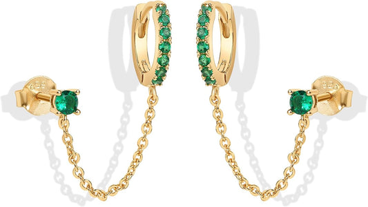 14K Gold Chain Earrings for Women | Double Piercing Dangle Chain Huggie Hoop Earrings | Cubic Zirconia Pearl Stud Ear Cuff Earrings for Women