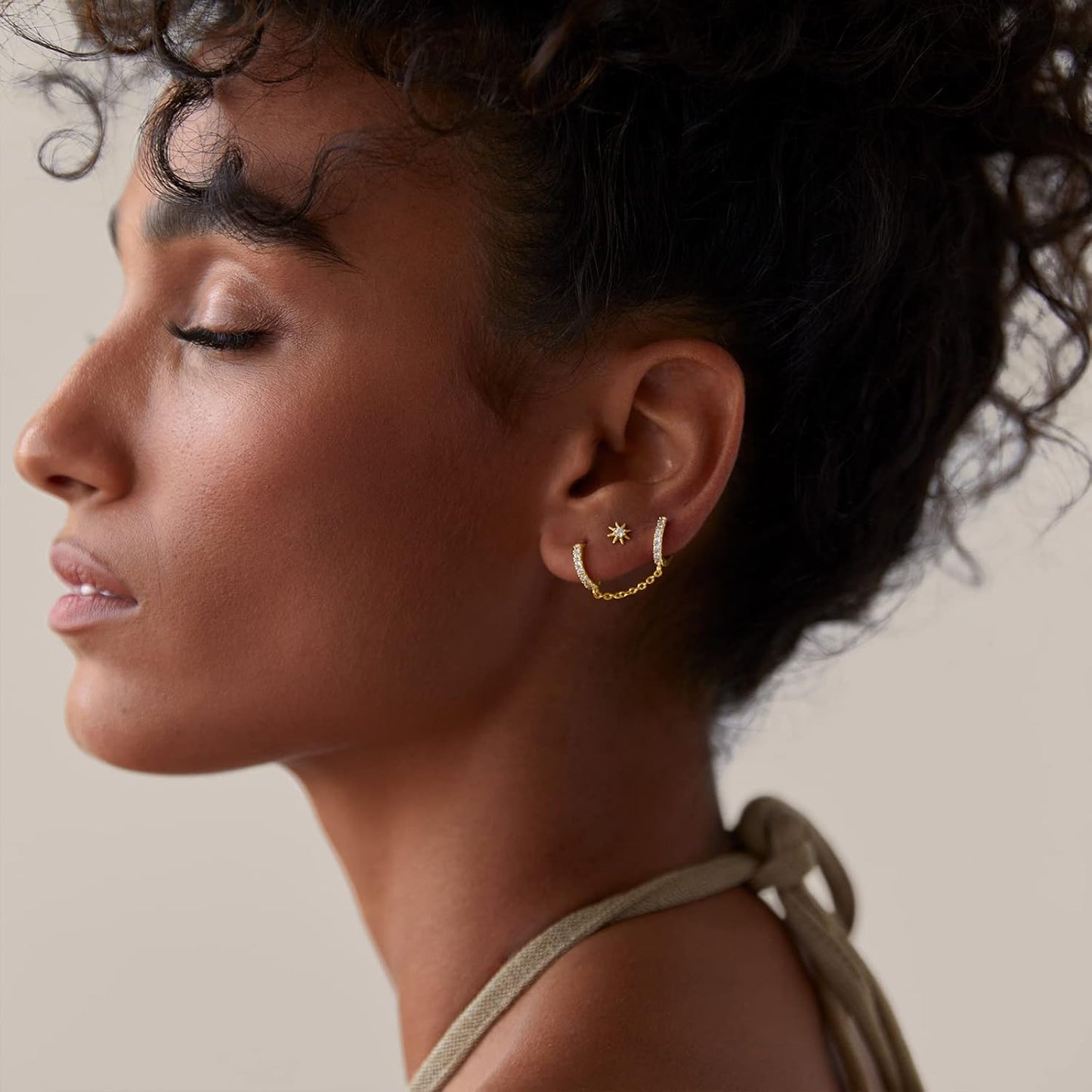 14K Gold Chain Earrings for Women | Double Piercing Dangle Chain Huggie Hoop Earrings | Cubic Zirconia Pearl Stud Ear Cuff Earrings for Women