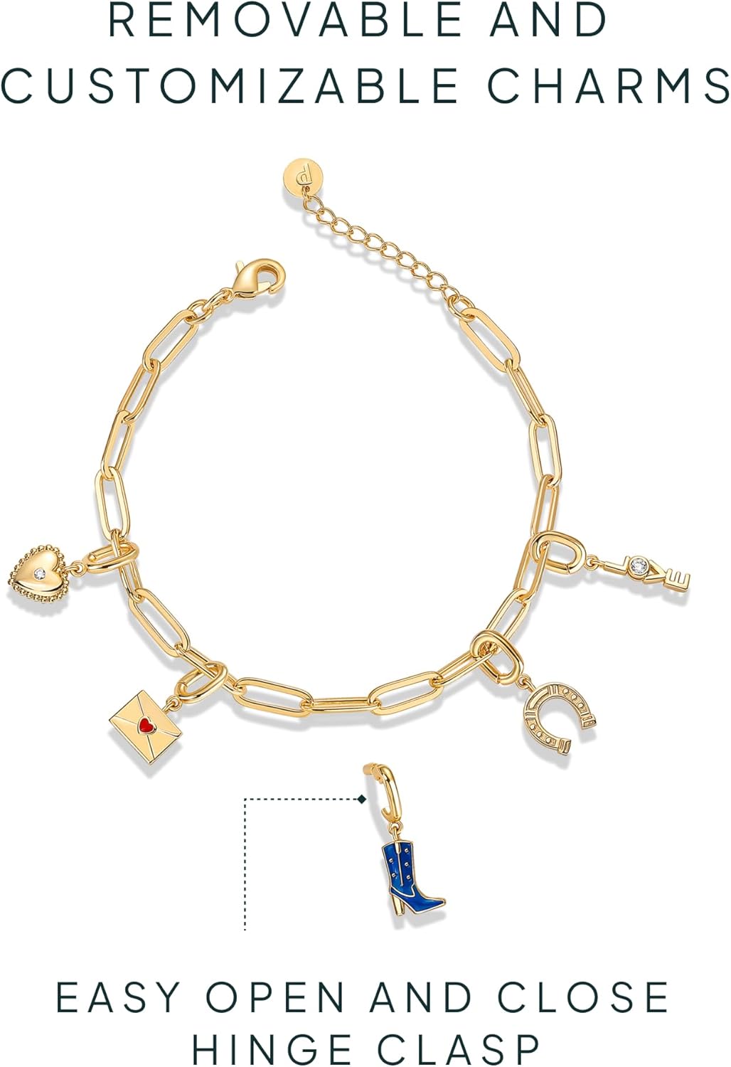 14K Gold Plated Adjustable Bracelet for Women | Twisted Bar & Paperclip Charm Chain Bracelets with Moon, Evil Eye