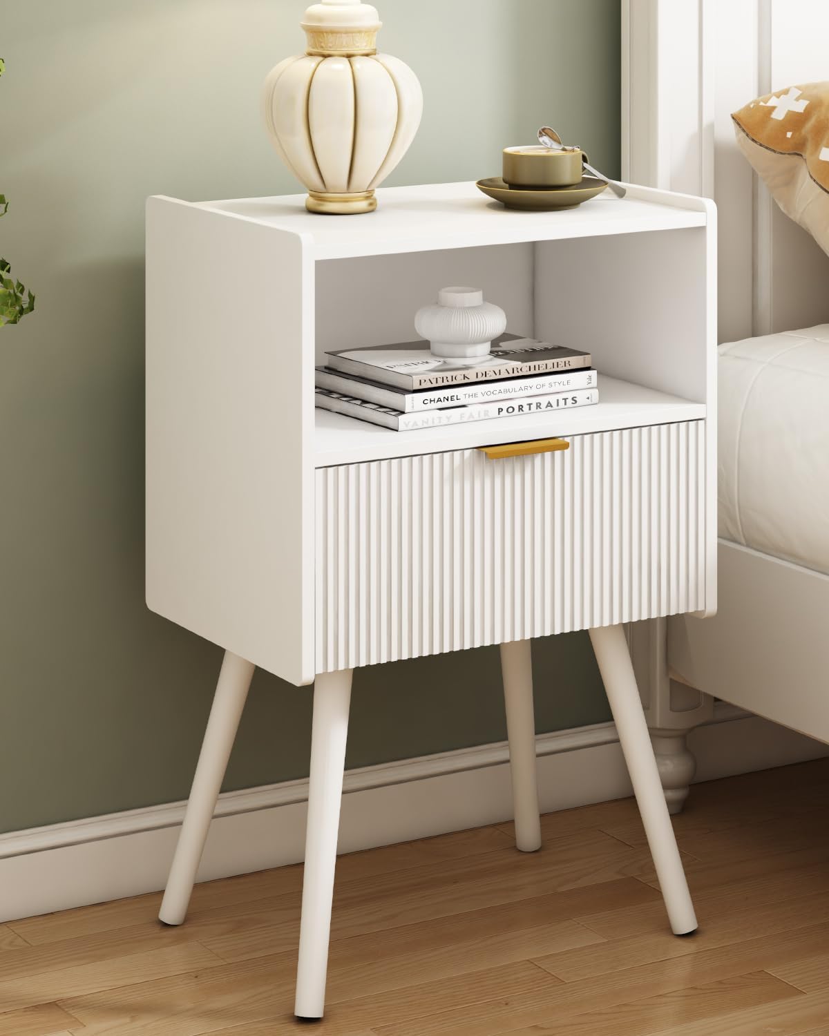 Nightstand, with Storage Drawer and Open Wood Shelf,  Accent Night Stand Easy Assembly