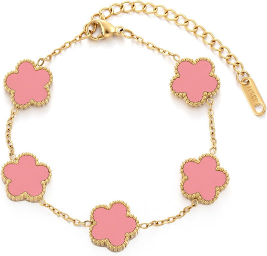 Four Leaf Clover Bracelet for Women 18K Gold Plated Stainless Steel Lucky 4 Leaf Gold Link Bracelet Jewelry Gift for Women