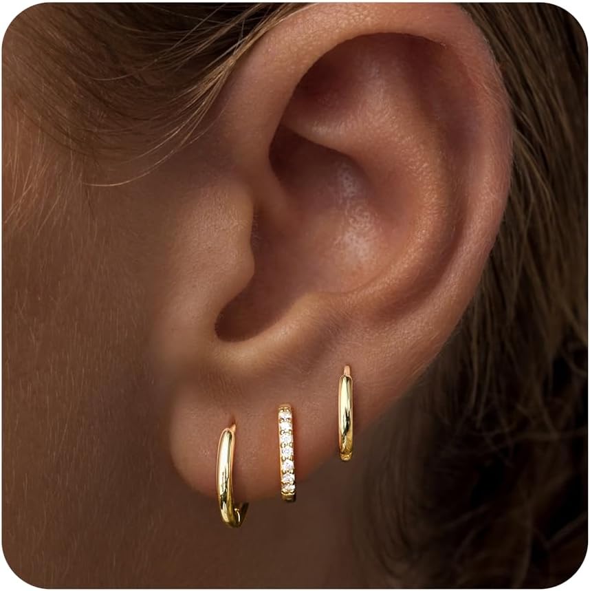 Small Sterling Silver Huggie Hoop Earrings Set for Women, 14K Gold Plated Hoops Stacks for Multiple Piercings