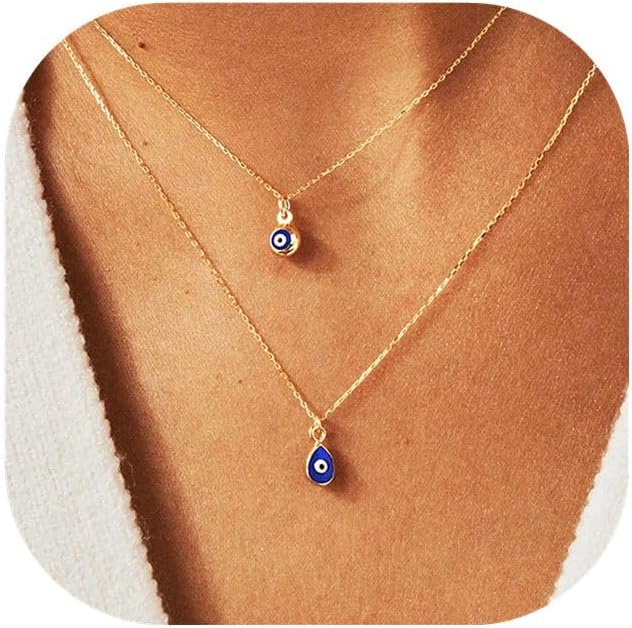 Evil Eye Necklace: 14K Gold Plated Blue CZ Diamond Boho Pendant for Women, Protection Gift