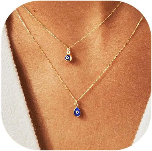 Evil Eye Necklace: 14K Gold Plated Blue CZ Diamond Boho Pendant for Women, Protection Gift