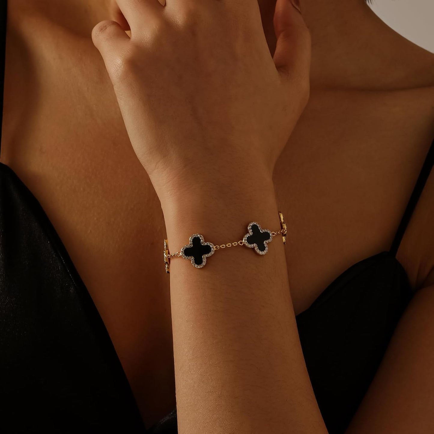 Qitian Clover Bracelet for Women 18K Gold Four Leaf Pink Lucky Link Clover Bracelets, Trendy Bracelets Set Jewelry