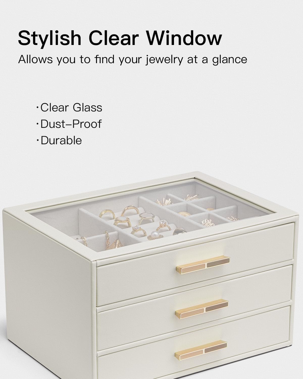 Jewelry Box for Women, Glass Lid Jewelry Organizer with 3 Drawers for Necklaces Rings Earrings Bracelets-Mother Cloud White