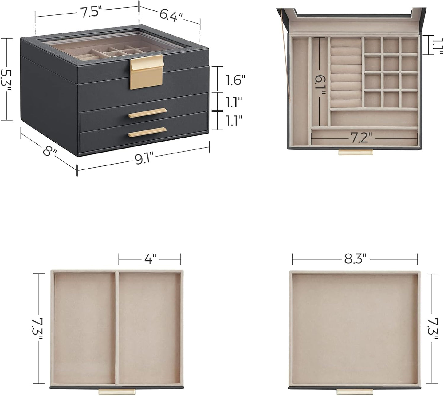 Jewelry Box Organizer with Glass Lid, 3-Layer Jewelry Storage, with 2 Drawers, Modern Style,Interstellar Gray and Gold Color