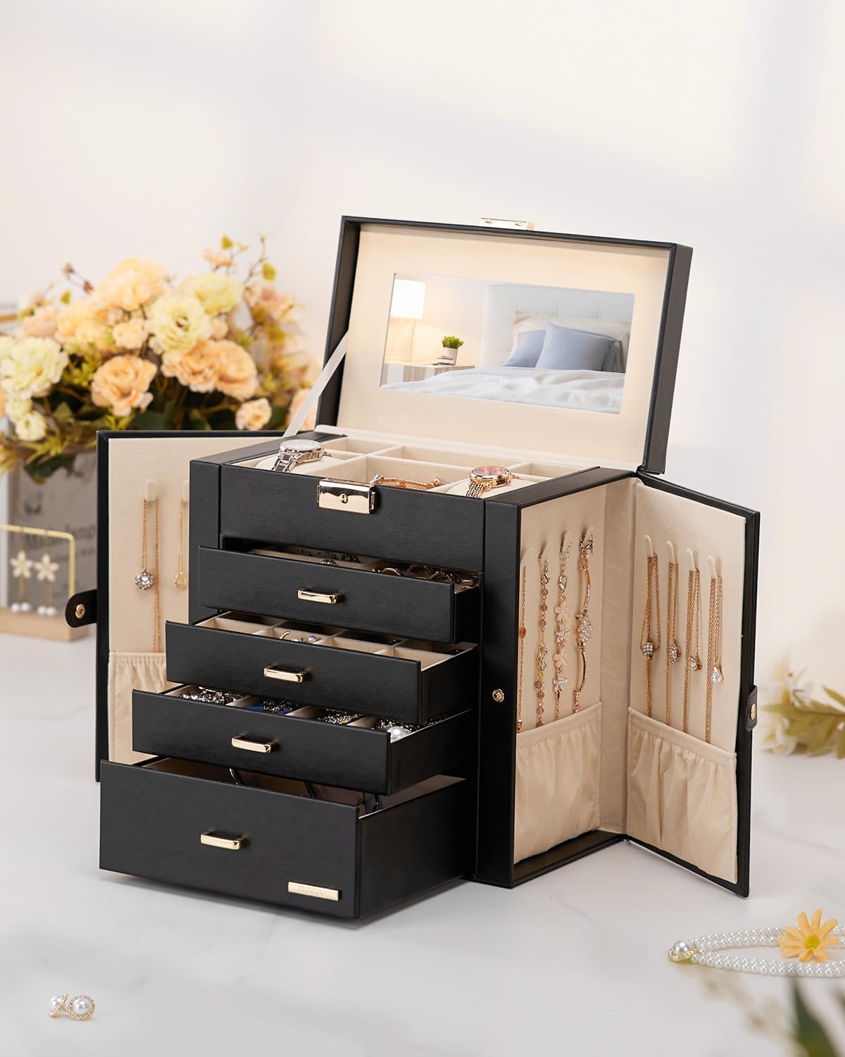Synthetic Leather Huge Jewelry Box Mirrored Watch Organizer Necklace Ring Earring Storage Lockable