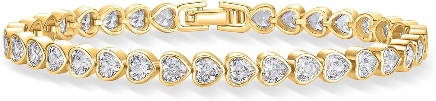 14K-18K Gold Plated Simulated Diamonds Bezel Set Tennis  -  Round Pear Heart Statement Bride Gold Bracelet Stack - Sizes 6.5-7.5 Inch