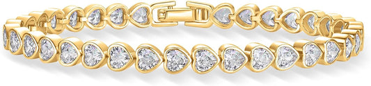 14K-18K Gold Plated Simulated Diamonds Bezel Set Tennis  -  Round Pear Heart Statement Bride Gold Bracelet Stack - Sizes 6.5-7.5 Inch