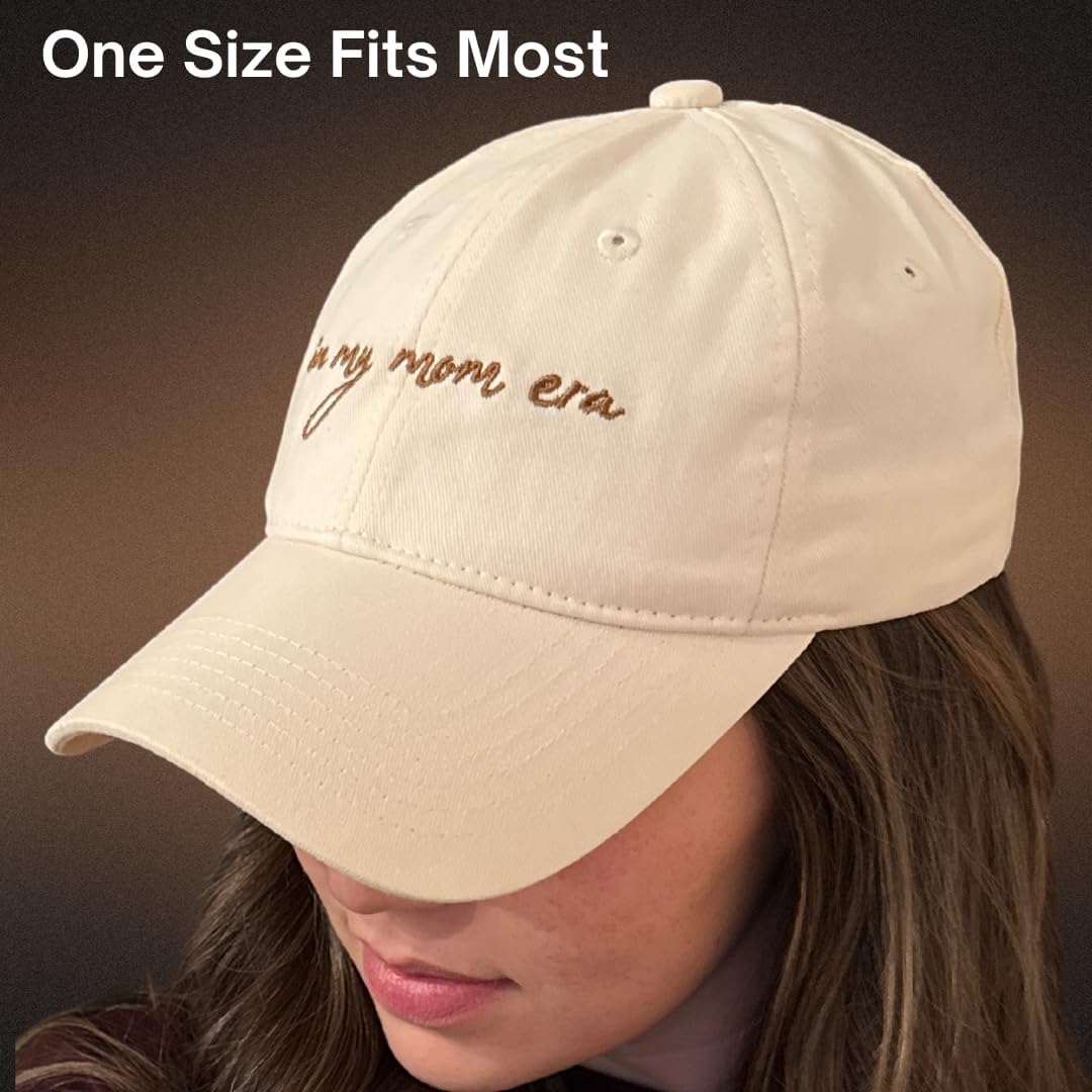 in My Mom Era Hat - Beige Baseball Cap for Moms, High Ponytail Hole, Minimalist Design
