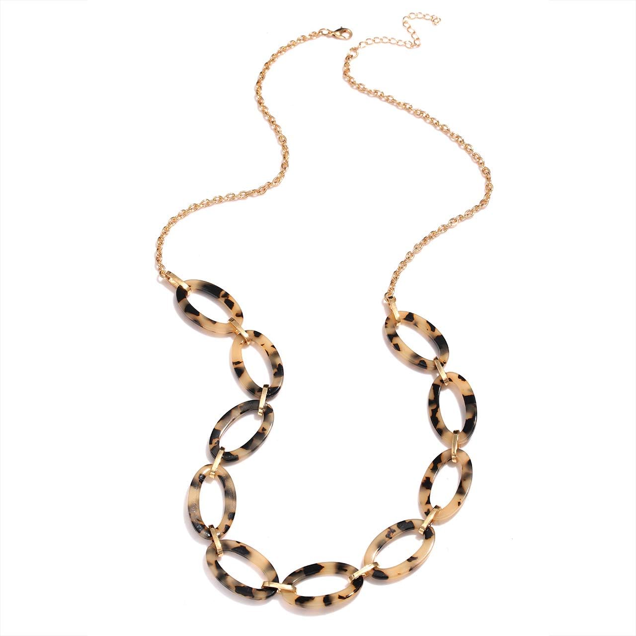 Leopard Print Necklace, Tortoise Acrylic & Metal Link Choker Collar for Women