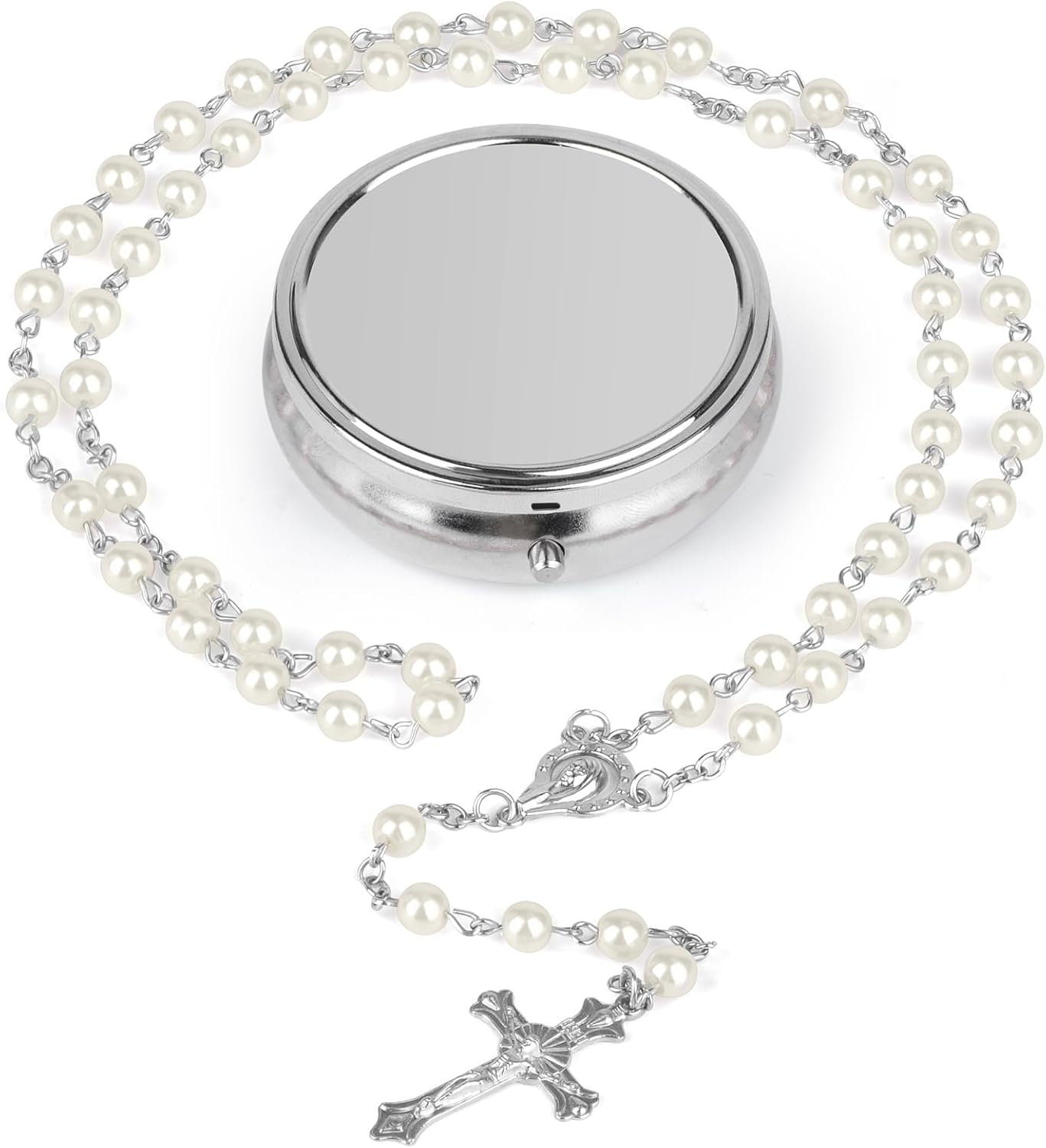 Catholic Sacramental Rosary | Virgin Mary & Crucifix Necklace - Confirmation Gift for Women w/ Silver Metal Gift Box (White)