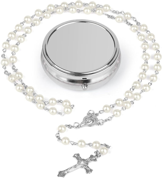 Catholic Sacramental Rosary | Virgin Mary & Crucifix Necklace - Confirmation Gift for Women w/ Silver Metal Gift Box (White)