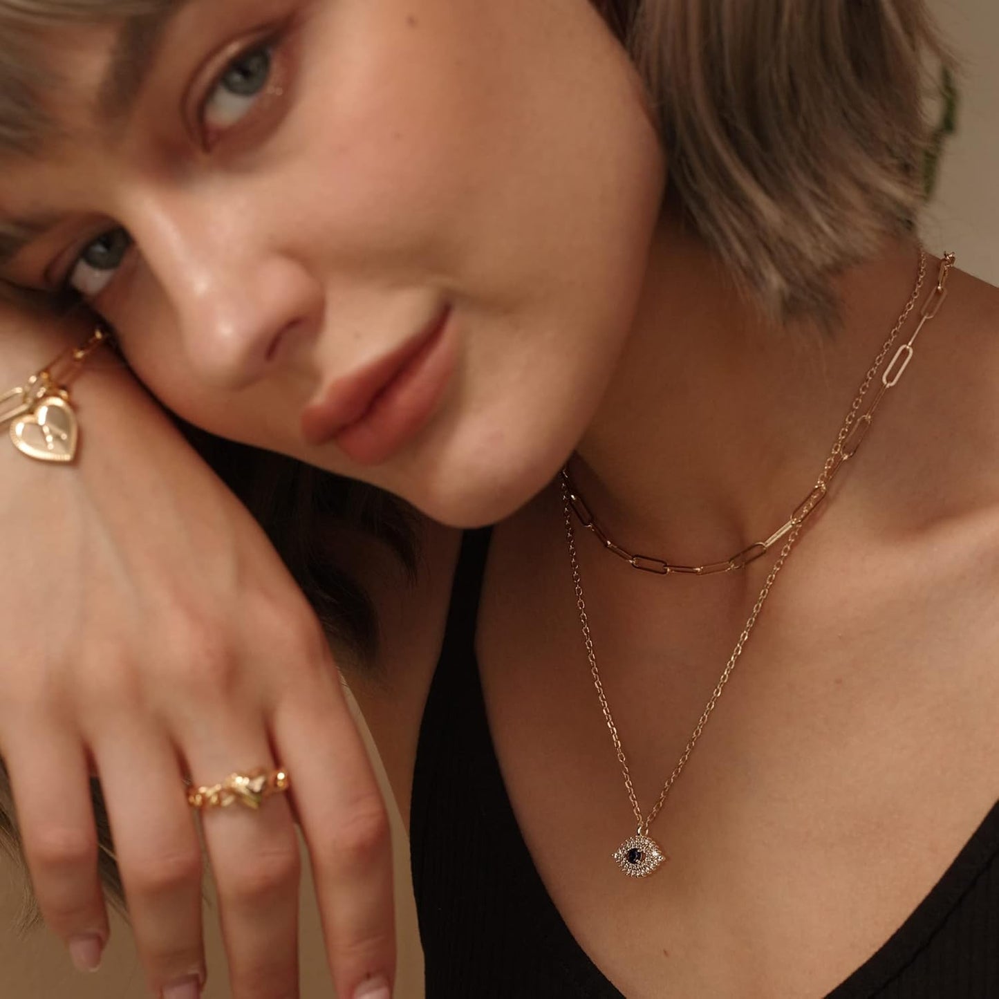 Layered Heart Necklace, Handmade 18K Gold Plated Dainty Choker With Arrow Bar Pendant for Women