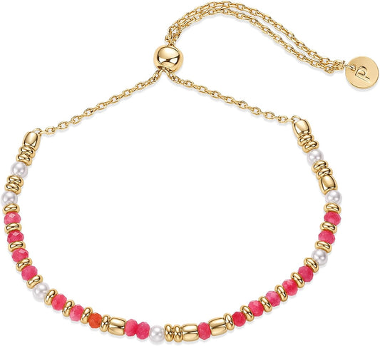 14K Yellow Gold Plated Beaded Enamel and Gemstones Bracelets | Colored Boho Festival Adjustable Slider Bracelet