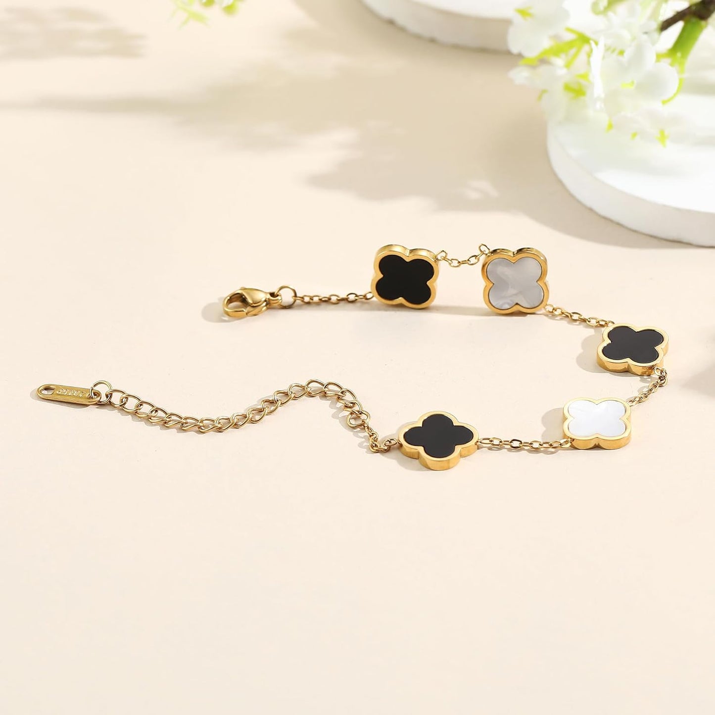 18K Gold Plated Clover Lucky Bracelet for Women White/Black/Red/Green Flower Four Leaf Link Bracelets