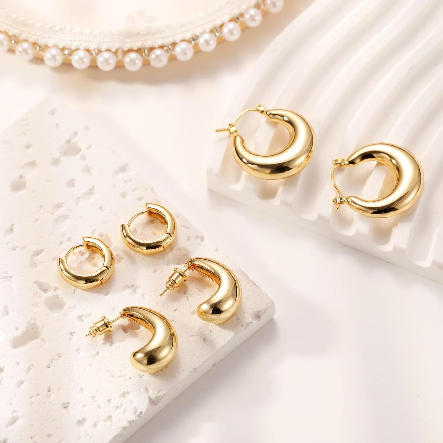 Gold Chunky Hoop Earrings Set for Women, 14K Gold Plated Twisted Huggie Hoop Earring Thick Open Lightweight Chunky Hoop