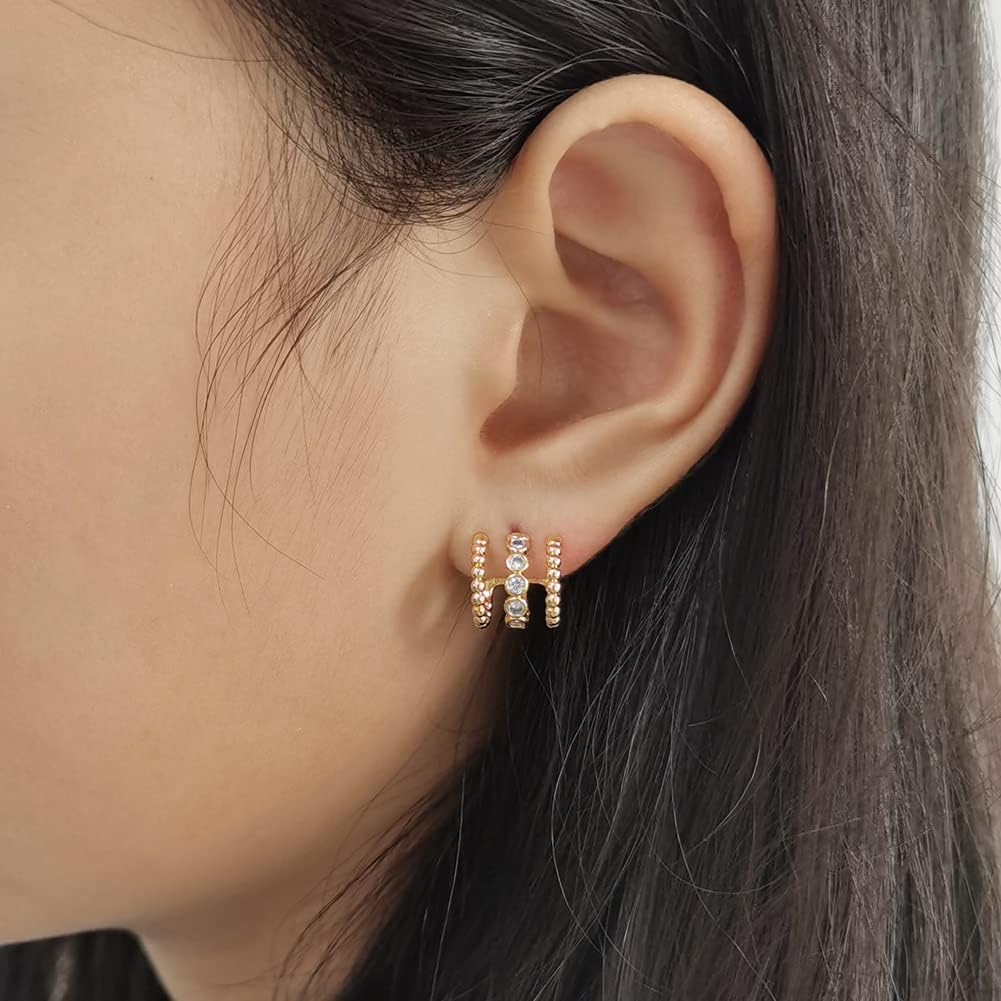 14K Gold Plated Triple Huggie Illusion Stud Earrings | Double Huggie Hoop Earrings for One Hole | Gold Hoop Earrings for Women