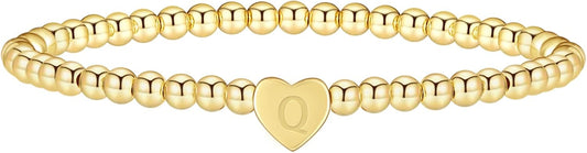 Gold Initial Beaded Bracelets for Women,14K Gold Plated Heart Letter Bracelets Handmade Ball Bead Bracelet