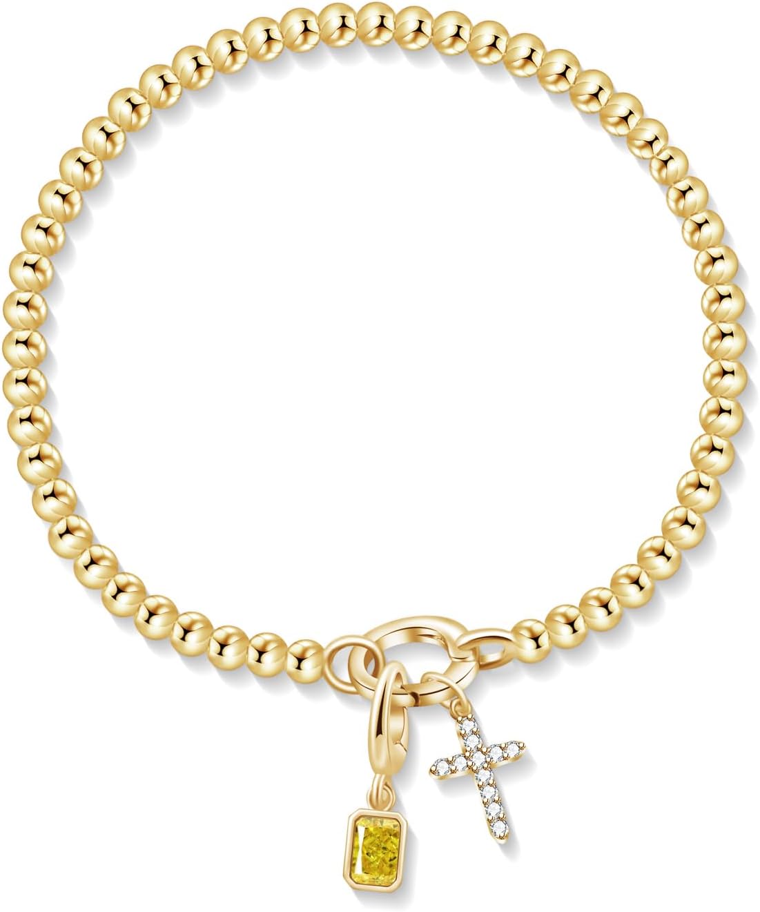 Free bird Cross Birthstone Bracelet | Dainty 14K Gold Plated Cross Charm Bracelet | Stretchable Elastic Gold Beaded Bracelet