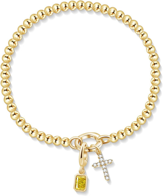 Free bird Cross Birthstone Bracelet | Dainty 14K Gold Plated Cross Charm Bracelet | Stretchable Elastic Gold Beaded Bracelet