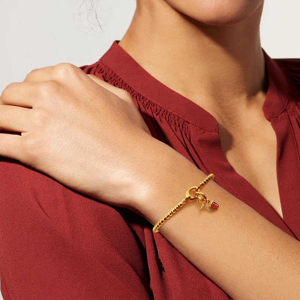 Free bird Cross Birthstone Bracelet | Dainty 14K Gold Plated Cross Charm Bracelet | Stretchable Elastic Gold Beaded Bracelet