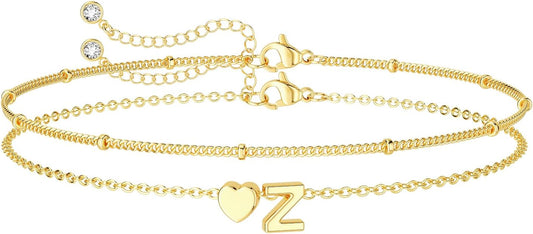 Dainty Initial Heart Gold Bracelets for Women Trendy, 14K Real Gold Letter Charm Bracelet Jewelry