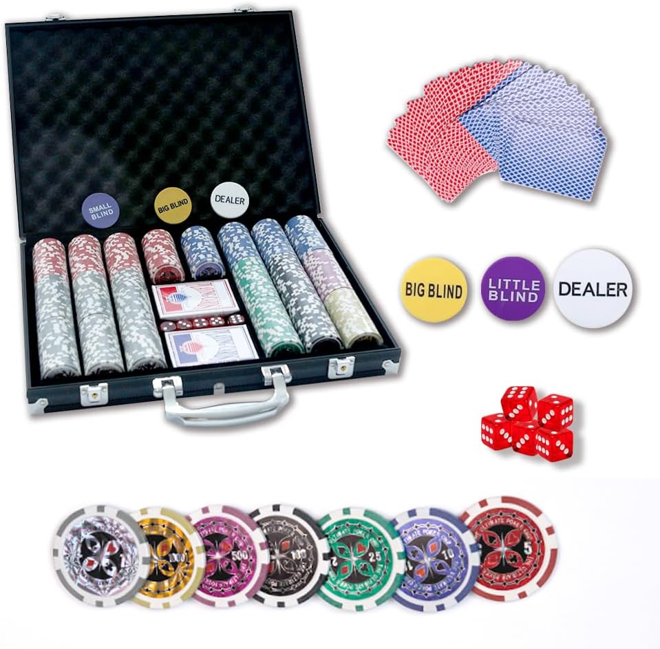 OMOMMD 500 Clay Composite Poker Chips Set with Aluminum Case, Two Decks of Playing Cards, Dealer and Blind Button&5 Dices for Poker, Texas Hold'em, Blackjack, Casino Games at Home
