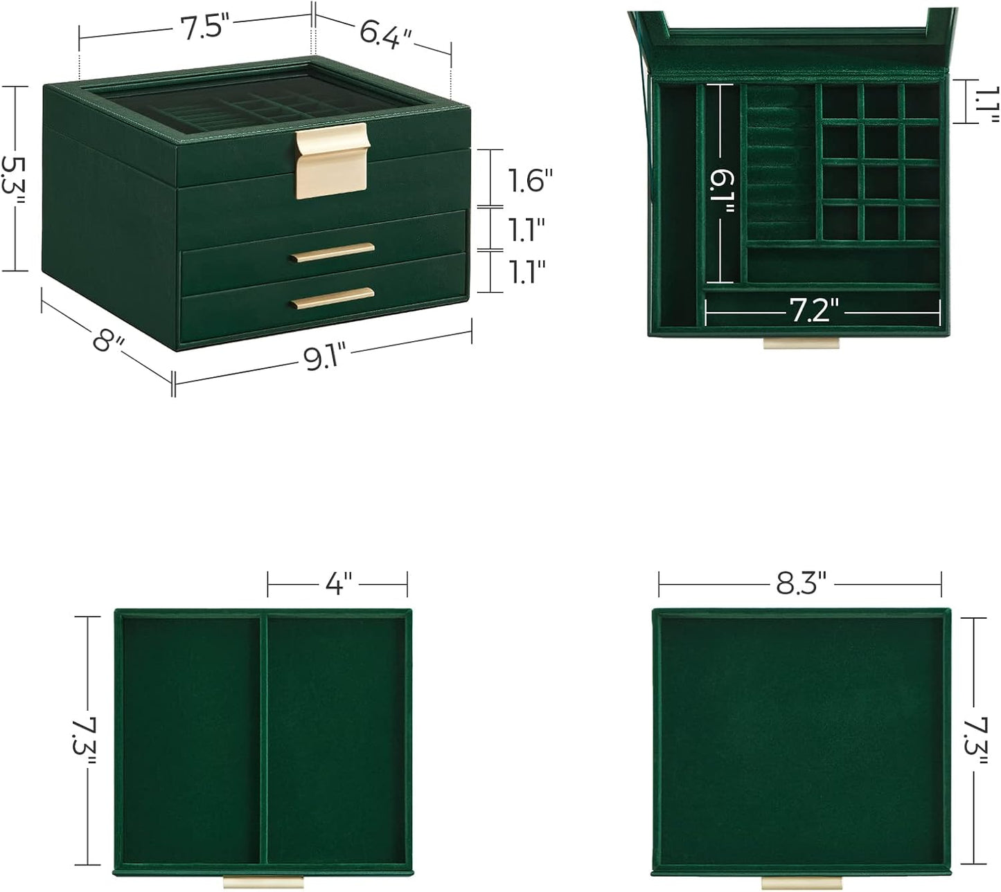 Jewelry Box Organizer with Glass Lid, 3-Layer Jewelry Storage, with 2 Drawers, Modern Style, Forest Green and Gold Color