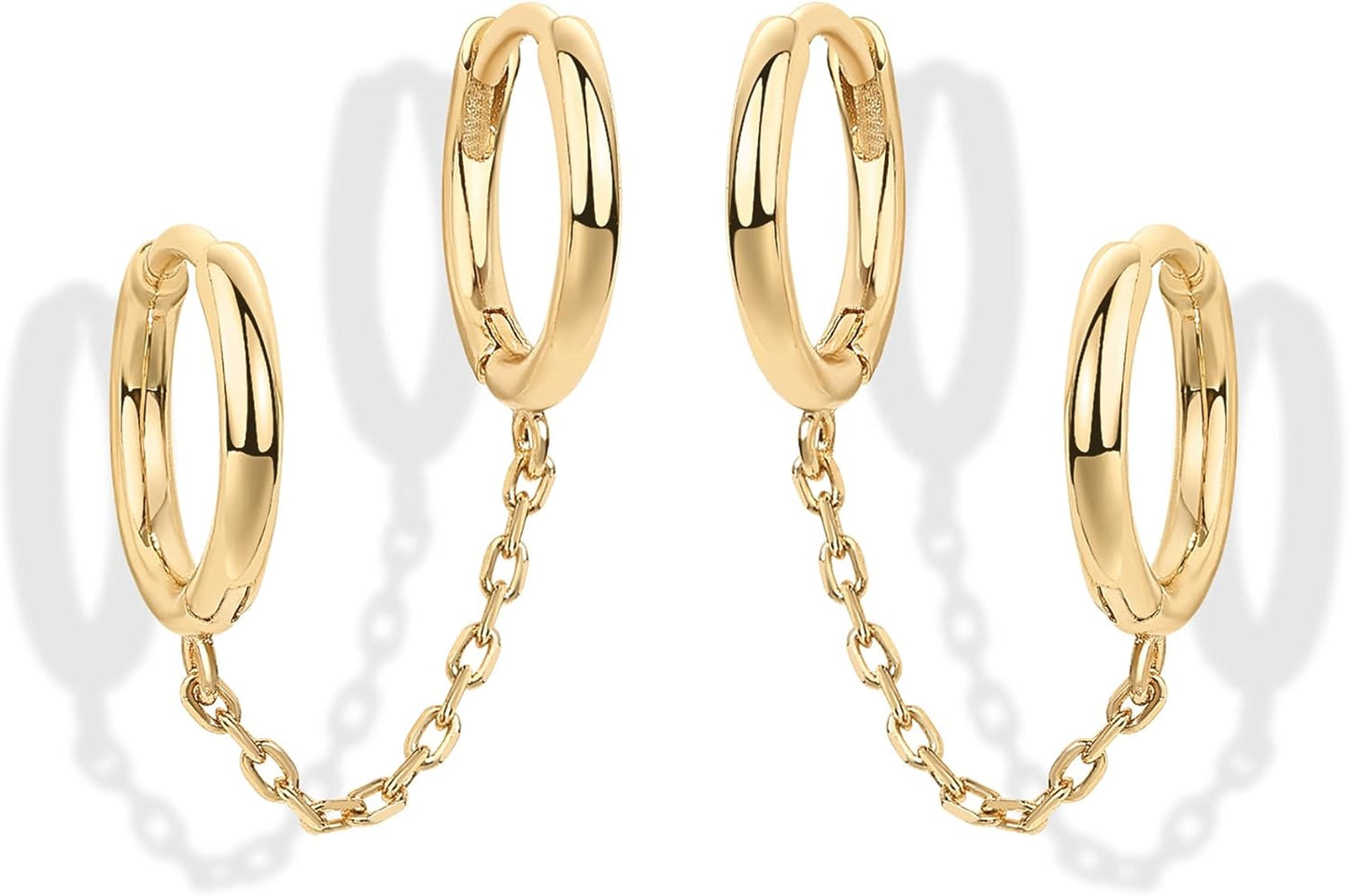 14K Gold Chain Earrings for Women | Double Piercing Dangle Chain Huggie Hoop Earrings | Cubic Zirconia Pearl Stud Ear Cuff Earrings for Women