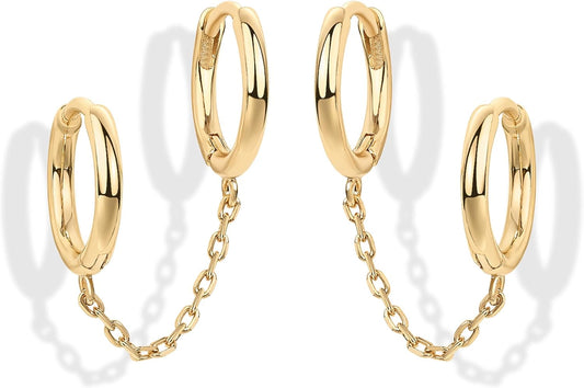 14K Gold Chain Earrings for Women | Double Piercing Dangle Chain Huggie Hoop Earrings | Cubic Zirconia Pearl Stud Ear Cuff Earrings for Women