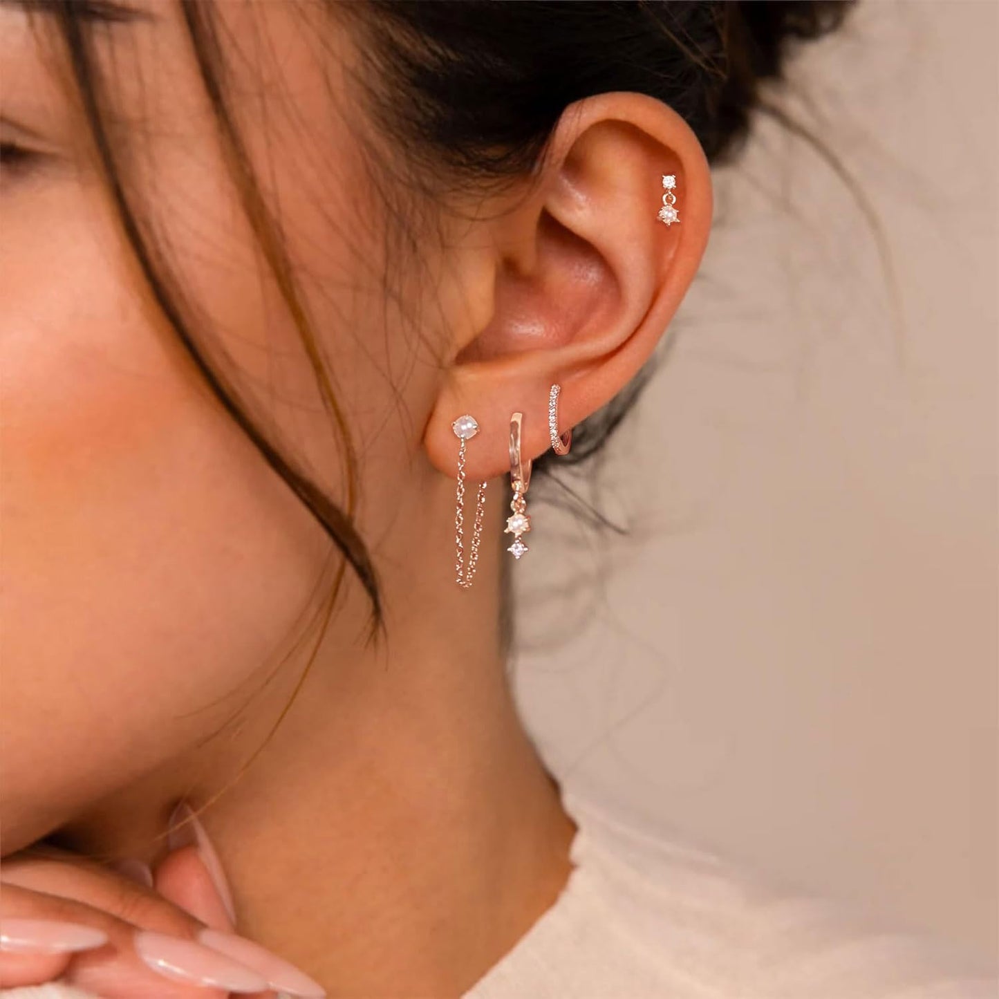 Gold Earrings for Women, 14k Gold Plated Dangle Huggie Earrings for Women Trendy Dainty Gold Hoop Earring Stacks  Pearl Chain Drop Cartilage