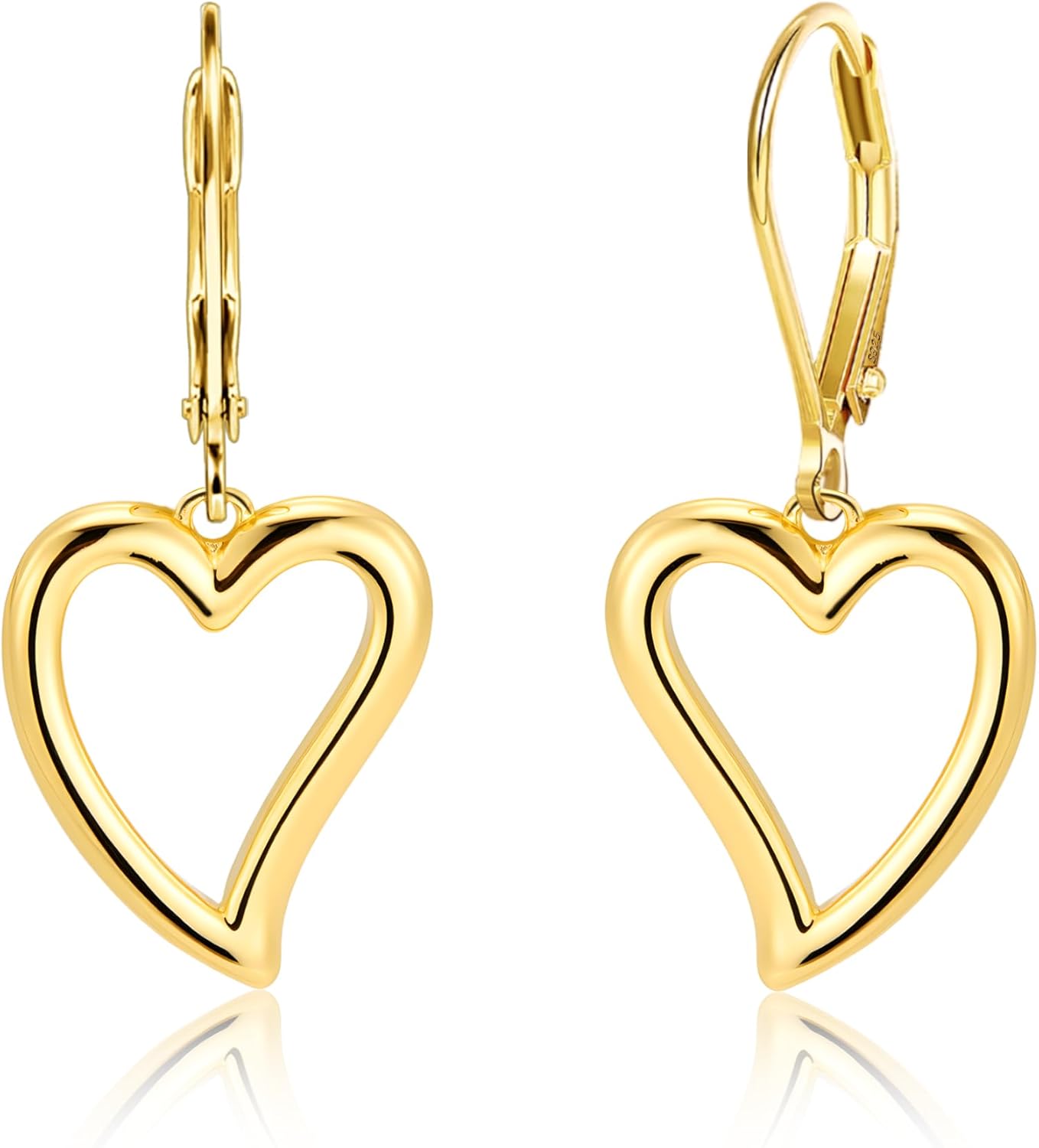 Sterling Silver Heart Earrings for Women 14K Gold Plated Openwork Love Heart Dangle Earrings Drop Leverback Huggie Hoop