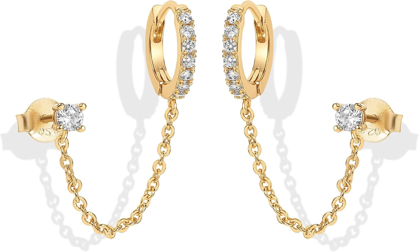 14K Gold Chain Earrings for Women | Double Piercing Dangle Chain Huggie Hoop Earrings | Cubic Zirconia Pearl Stud Ear Cuff Earrings for Women