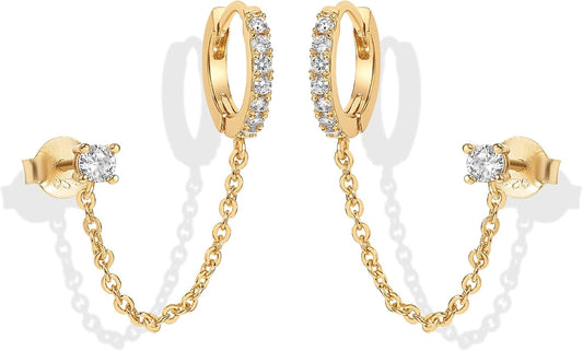 14K Gold Chain Earrings for Women | Double Piercing Dangle Chain Huggie Hoop Earrings | Cubic Zirconia Pearl Stud Ear Cuff Earrings for Women
