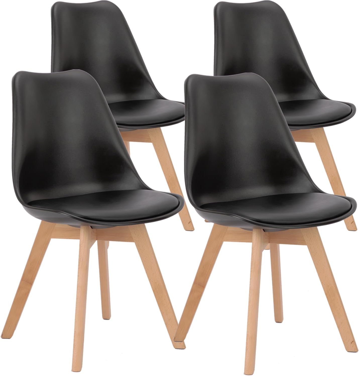 4 Mid-Century Modern Dining Chairs with Wood Legs and PU Leather Cushion - Suitable for Living Room, Bedroom