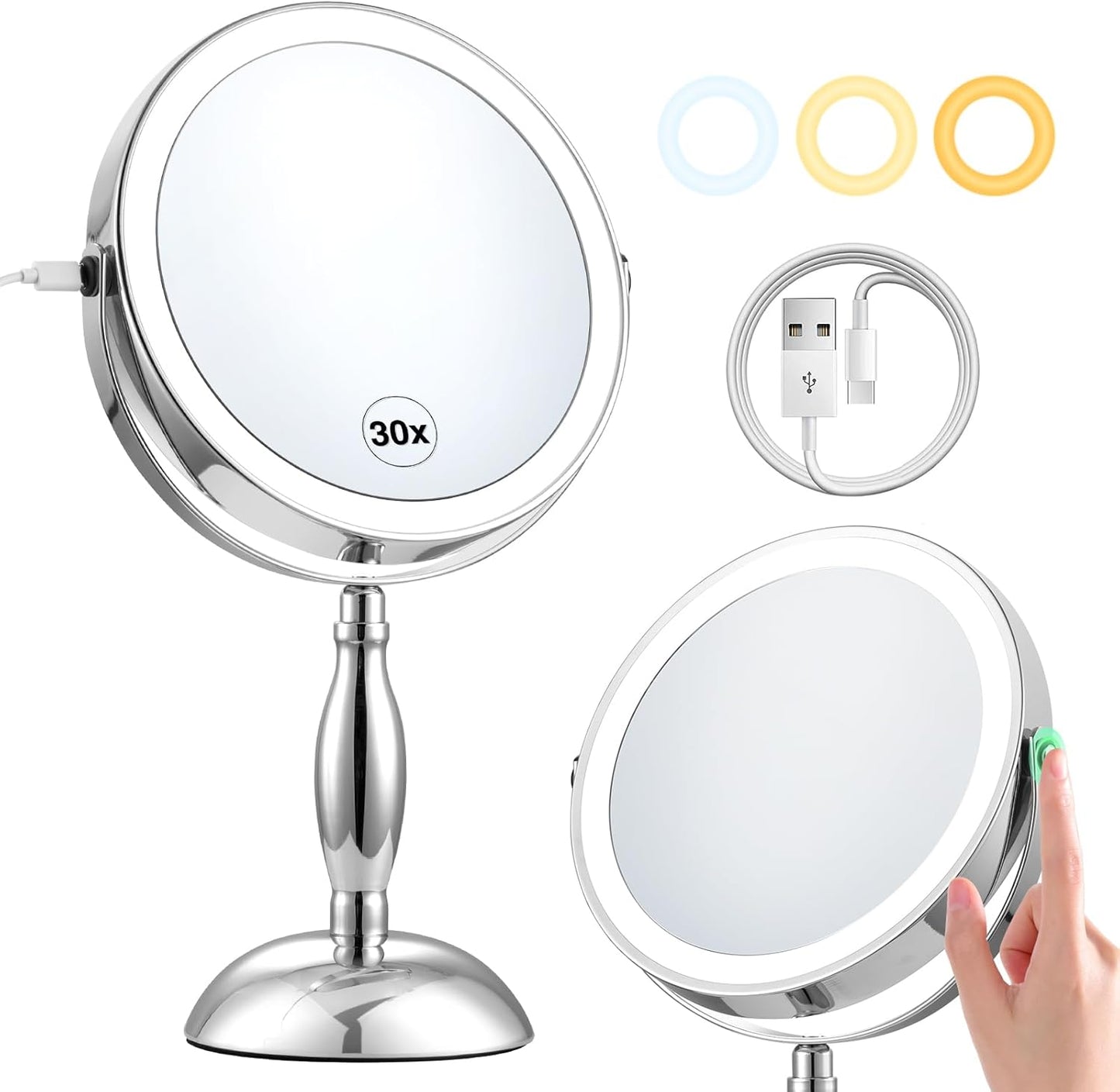 Makeup Mirror, 30x Magnifying Mirror with 3 Lights Colors,  Style Side Touch + Side Charge
