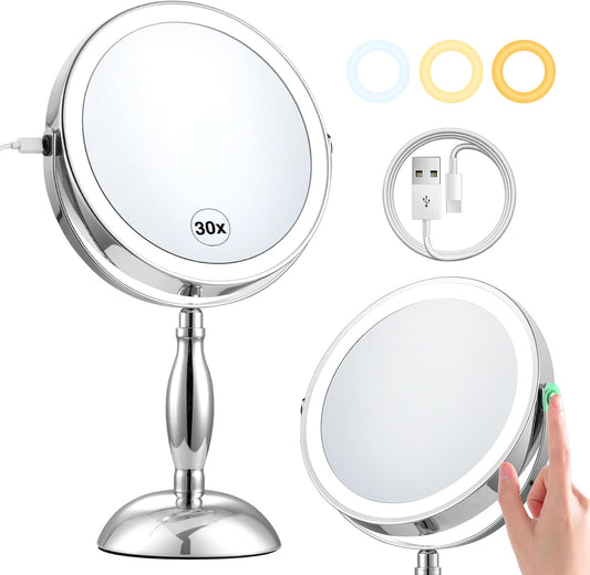 30x Magnifying Mirror, Lighted Makeup Mirror  Adjustable Brightness, 360° Rotation Double Side