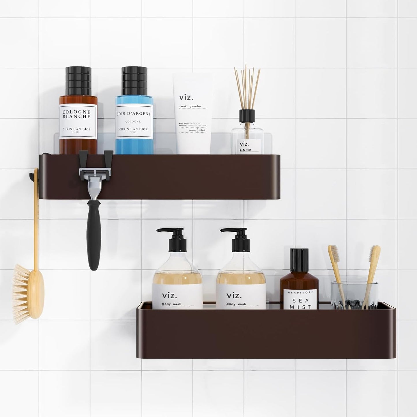 2 Pack Adhesive Shower Organizer, Rustproof Metal Shelves, No-Drill Bathroom Organizers and Storage