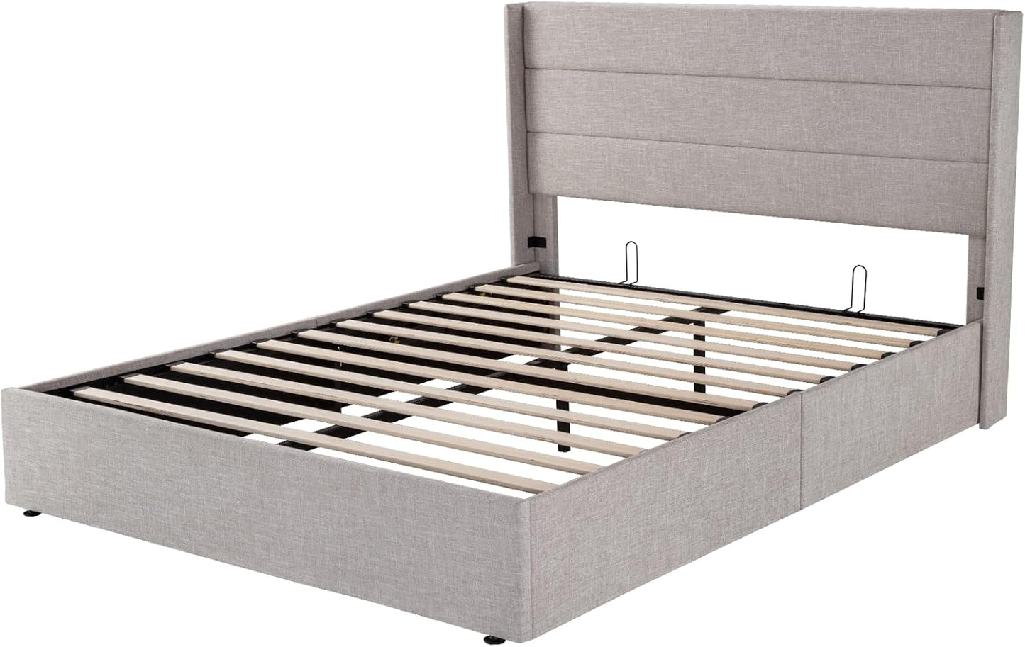Full Size Lift Up Storage Bed, Modern Wingback Headboard, Hydraulic Support, No Box Spring Needed