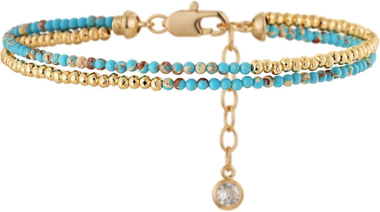 Women Beaded Bracelet Gold Double Layer Gemstone 14K Simple Dainty Handmade Chain Everyday Boho Beach Jewelry
