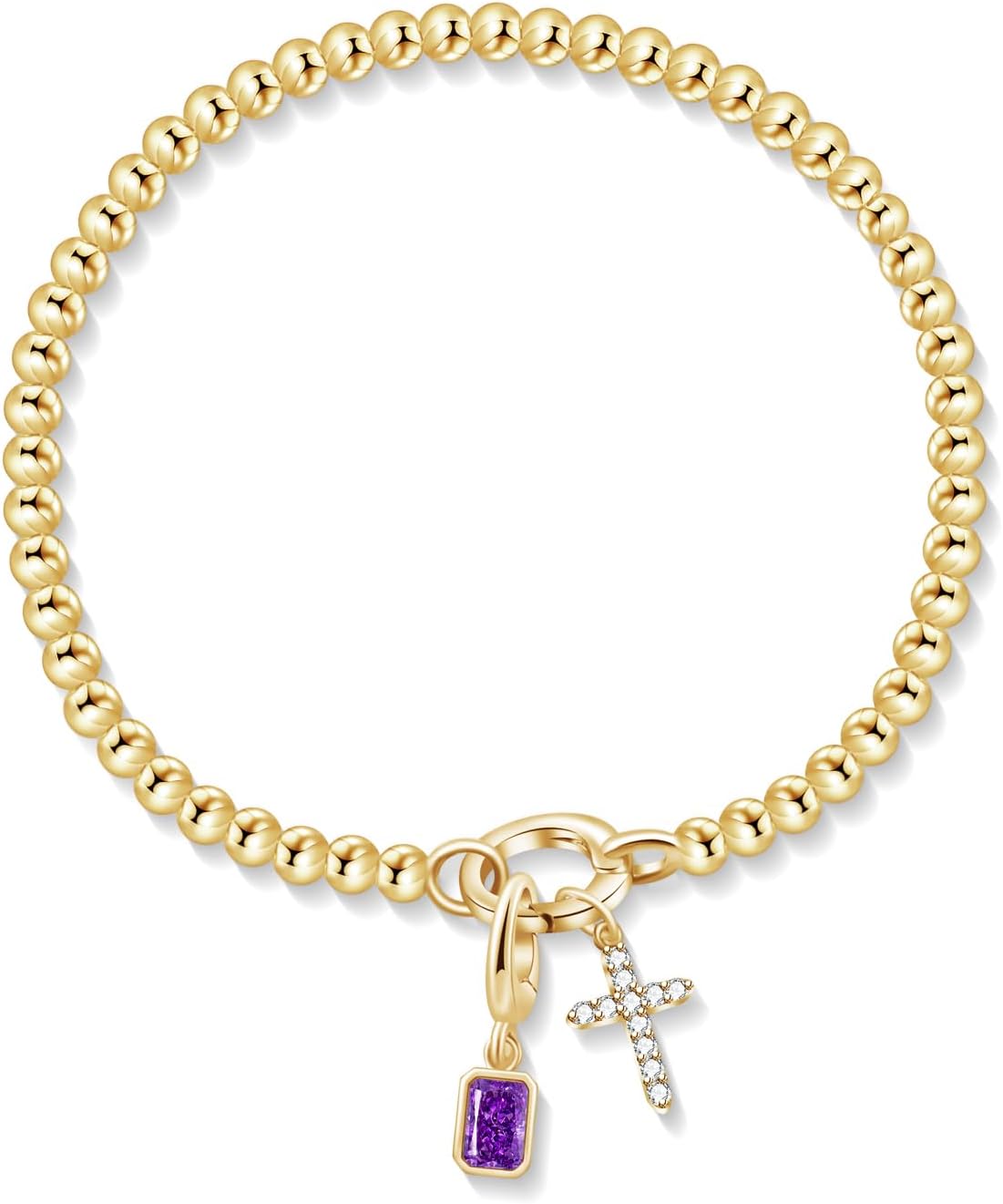 Free bird Cross Birthstone Bracelet | Dainty 14K Gold Plated Cross Charm Bracelet | Stretchable Elastic Gold Beaded Bracelet