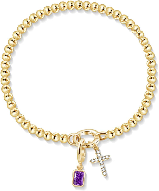 Free bird Cross Birthstone Bracelet | Dainty 14K Gold Plated Cross Charm Bracelet | Stretchable Elastic Gold Beaded Bracelet
