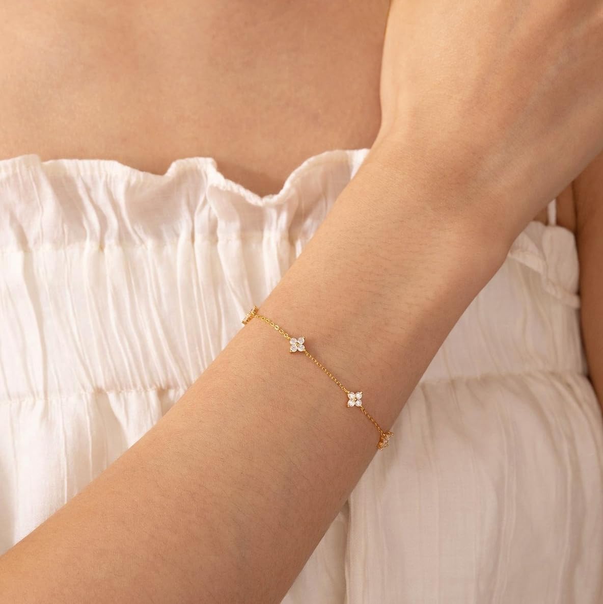 Bracelets for Women 14K Gold Silver Plated Ring Bracelet Hand Chain Dainty Evil Eye Heart Clover Daisy Cubic Zirconia