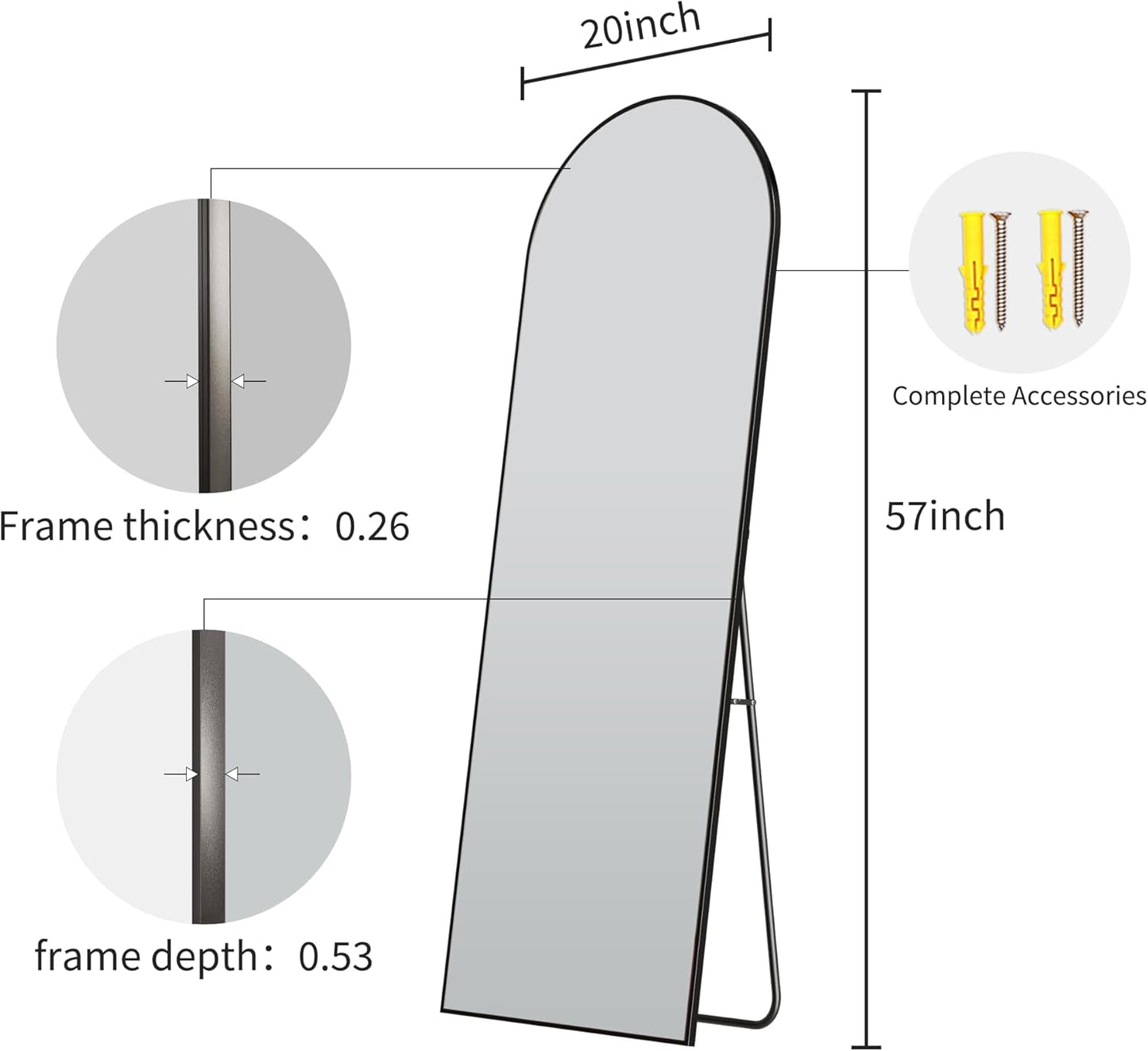 57" x 20" Arched Full Length Mirror - Wall Mounted/Floor Mirror Aluminum Alloy Frame Full