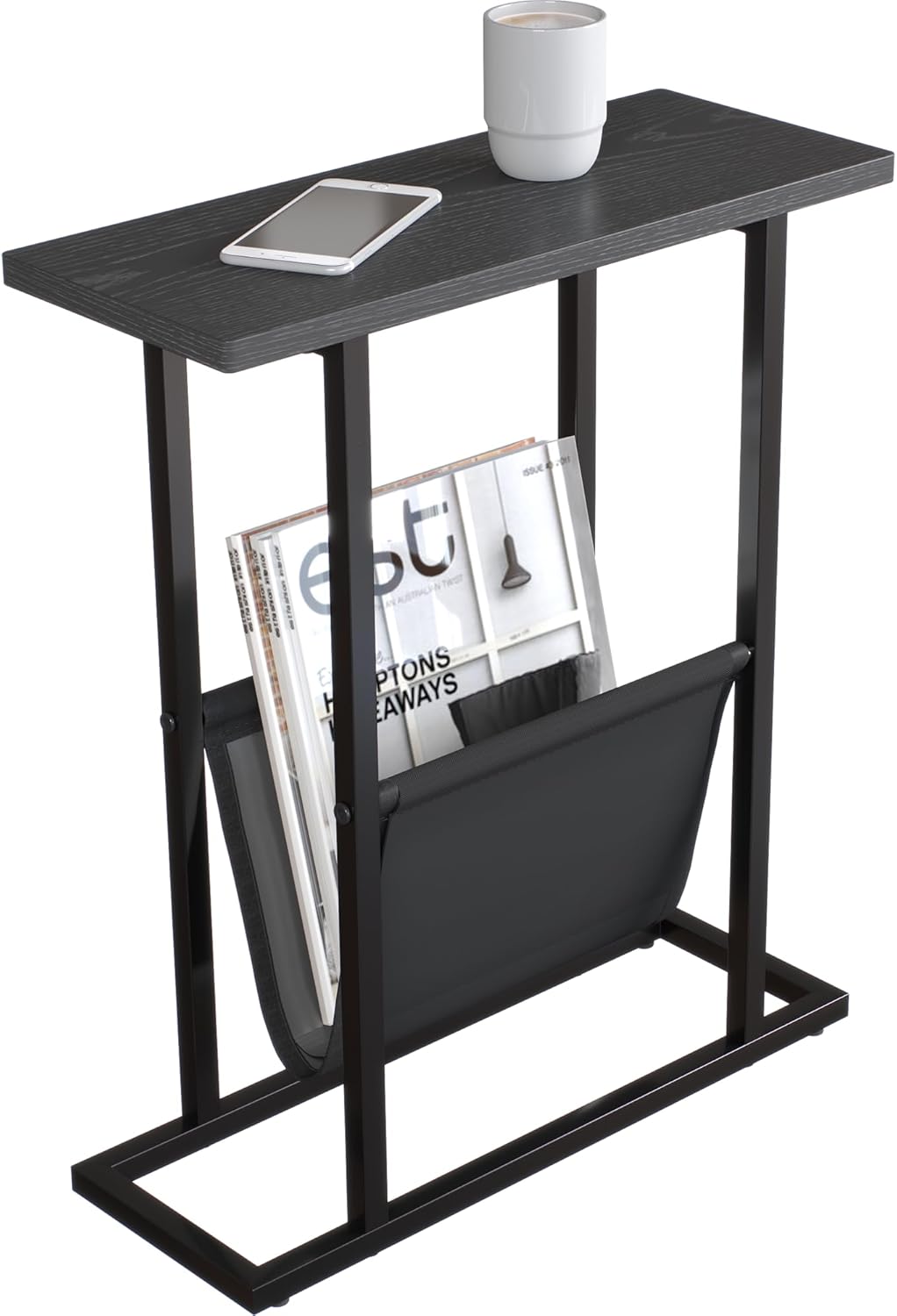 Narrow Side Table for Small Spaces, Small End Table with Magazine Holder, Skinny Slim